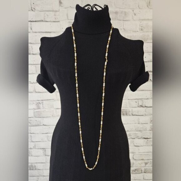 Vintage Gold Tone Faux Pearl Twist Link Long Layering Necklace Statement - Picture 7 of 7